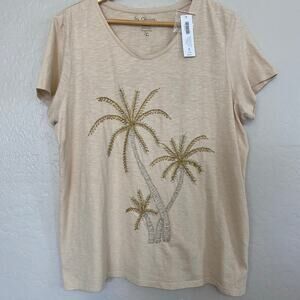Chicos Womens Sz 3 XL Cotton T-Shirt Beaded Embellished Palm Trees Vacation